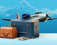 Luggage and hat against a blue sky, adventure travel stock images, adventure travel ai prompts, travel stock images ai