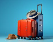 Luggage and hat at the airport terminal, adventure travel stock images, adventure travel ai prompts, travel stock images ai