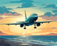 Passenger plane landing at sunset, adventure travel stock images, adventure travel ai prompts, travel stock images ai