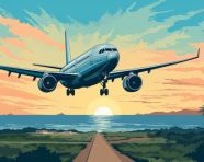 Plane landing in sky blue and green, adventure travel stock images, adventure travel ai prompts, travel stock images ai