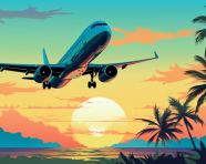 Sunset over ocean with landing plane, adventure travel stock images, adventure travel ai prompts, travel stock images ai