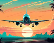 Ocean sunset with landing plane, adventure travel stock images, adventure travel ai prompts, travel stock images ai