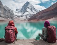Backpackers relaxing by a mountain lake, adventure travel stock images, adventure travel ai prompts, travel stock images ai