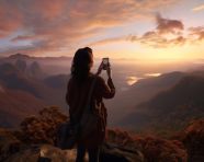 Woman selfie mountain top iphone, adventure travel stock images, adventure travel ai prompts, travel stock images ai