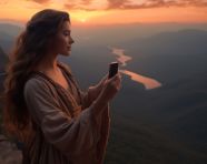 Stunning woman mountain top selfie iphone, adventure travel stock images, adventure travel ai prompts, travel stock images ai