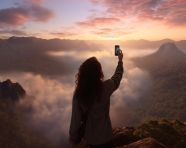 Hiking woman mountain top selfie iphone, adventure travel stock images, adventure travel ai prompts, travel stock images ai