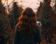 Woman in forest taking photo of trees, adventure travel stock images, adventure travel ai prompts, travel stock images ai
