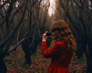 Female photographer in treetops, adventure travel stock images, adventure travel ai prompts, travel stock images ai