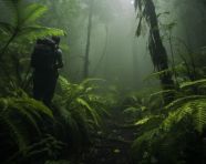 Hiker in the jungle mousepad, adventure travel stock images, adventure travel ai prompts, travel stock images ai