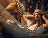 Man relaxing in hammock, adventure travel stock images, adventure travel ai prompts, travel stock images ai
