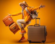 Traveler in backpack jumps with luggage, adventure travel stock images, adventure travel ai prompts, travel stock images ai