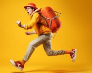 Backpacker with hat jumps for joy, adventure travel stock images, adventure travel ai prompts, travel stock images ai