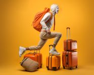 Happy tourist jumps with suitcases, adventure travel stock images, adventure travel ai prompts, travel stock images ai