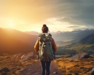 Woman hiking in mountains at sunset, adventure travel stock images, adventure travel ai prompts, travel stock images ai