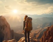 Mountaineer taking in the view at sunset, adventure travel stock images, adventure travel ai prompts, travel stock images ai