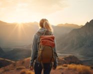 Woman trekking in the mountains as the sun sets, adventure travel stock images, adventure travel ai prompts, travel stock images ai