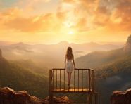 Woman at railing on mountain stunning view
, adventure travel stock images, adventure travel ai prompts, travel stock images ai