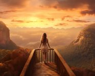 Woman on mountaintop looking out at world below, adventure travel stock images, adventure travel ai prompts, travel stock images ai
