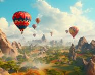 Hot air balloons soaring over the mountains, adventure travel stock images, adventure travel ai prompts, travel stock images ai