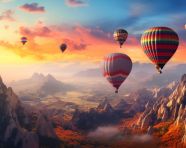 Colorful hot air balloons in the mountain range, adventure travel stock images, adventure travel ai prompts, travel stock images ai