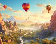 Hot air balloons floating above the snow-capped mountains, adventure travel stock images, adventure travel ai prompts, travel stock images ai