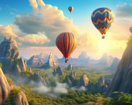 Scenic hot air balloon ride over the mountains, adventure travel stock images, adventure travel ai prompts, travel stock images ai