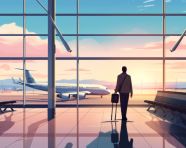 Man with suitcase at airport looking at airplane, adventure travel stock images, adventure travel ai prompts, travel stock images ai