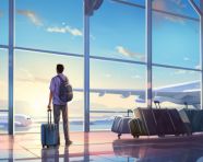 Man about to board plane with suitcase, adventure travel stock images, adventure travel ai prompts, travel stock images ai