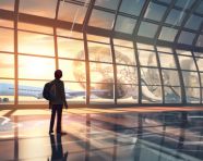 Man checking in for flight with suitcase, adventure travel stock images, adventure travel ai prompts, travel stock images ai