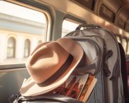 Backpacker on the train, adventure travel stock images, adventure travel ai prompts, travel stock images ai