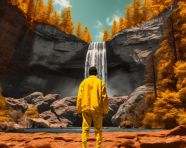 Person in yellow jacket enjoying waterfall view, adventure travel stock images, adventure travel ai prompts, travel stock images ai