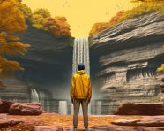Yellow jacketed hiker gazing at waterfall, adventure travel stock images, adventure travel ai prompts, travel stock images ai