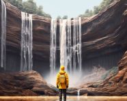 Hiker in yellow jacket taking in waterfall scenery, adventure travel stock images, adventure travel ai prompts, travel stock images ai