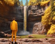 Adventurer in safety gear standing by waterfall, adventure travel stock images, adventure travel ai prompts, travel stock images ai