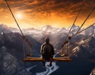 Man ponders the mountains from suspension bridge, adventure travel stock images, adventure travel ai prompts, travel stock images ai