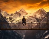 Man relaxes on suspension bridge with mountain view, adventure travel stock images, adventure travel ai prompts, travel stock images ai
