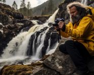 Henri julien photographing waterfall, adventure travel stock images, adventure travel ai prompts, travel stock images ai