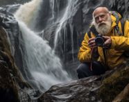 Photographer capturing waterfall, adventure travel stock images, adventure travel ai prompts, travel stock images ai