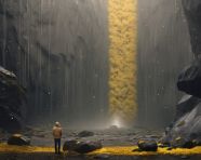 Man hiking near waterfall on rocky mountain, adventure travel stock images, adventure travel ai prompts, travel stock images ai