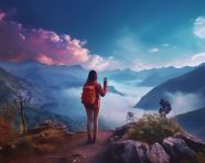 Hiker capturing nature on camera, adventure travel stock images, adventure travel ai prompts, travel stock images ai