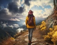 Woman hiker taking photo on mountain trail, adventure travel stock images, adventure travel ai prompts, travel stock images ai