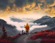 Female photographer on mountaintop, adventure travel stock images, adventure travel ai prompts, travel stock images ai