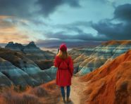 Woman enjoying the view from the mountaintop, adventure travel stock images, adventure travel ai prompts, travel stock images ai