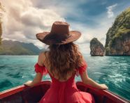 Woman in boat on thai island, adventure travel stock images, adventure travel ai prompts, travel stock images ai