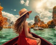 Scenic boat ride in thailand, adventure travel stock images, adventure travel ai prompts, travel stock images ai