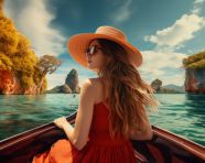 Woman enjoying a boat ride in thailand, adventure travel stock images, adventure travel ai prompts, travel stock images ai