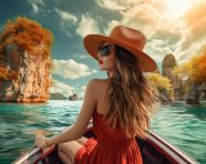 Woman explores thailand by boat, adventure travel stock images, adventure travel ai prompts, travel stock images ai