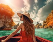 Beautiful woman on a boat in thailand, adventure travel stock images, adventure travel ai prompts, travel stock images ai