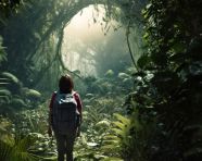 Backpacker exploring the jungle, adventure travel stock images, adventure travel ai prompts, travel stock images ai