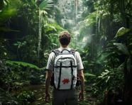 Hiker taking in the sights of the jungle, adventure travel stock images, adventure travel ai prompts, travel stock images ai